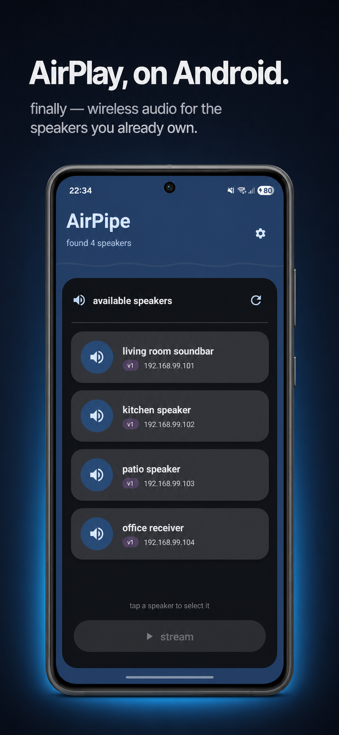 AirPipe speaker list discovering four AirPlay receivers on the local network.