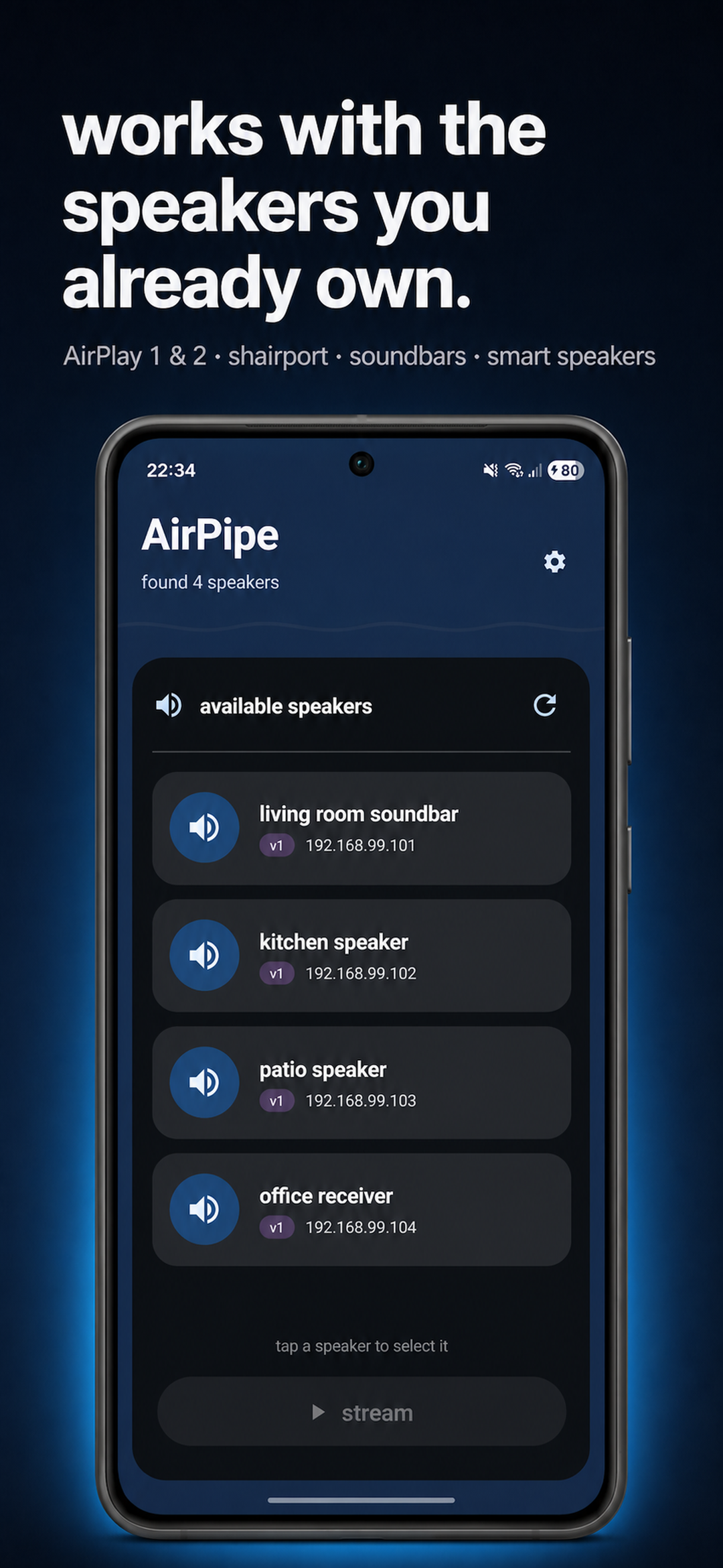 Speaker list showing AirPlay 1, AirPlay 2, shairport, and smart-speaker receivers.