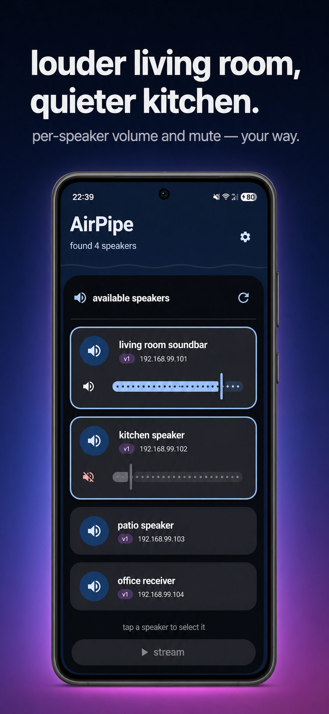 Per-speaker volume sliders with one room muted and another at full volume.