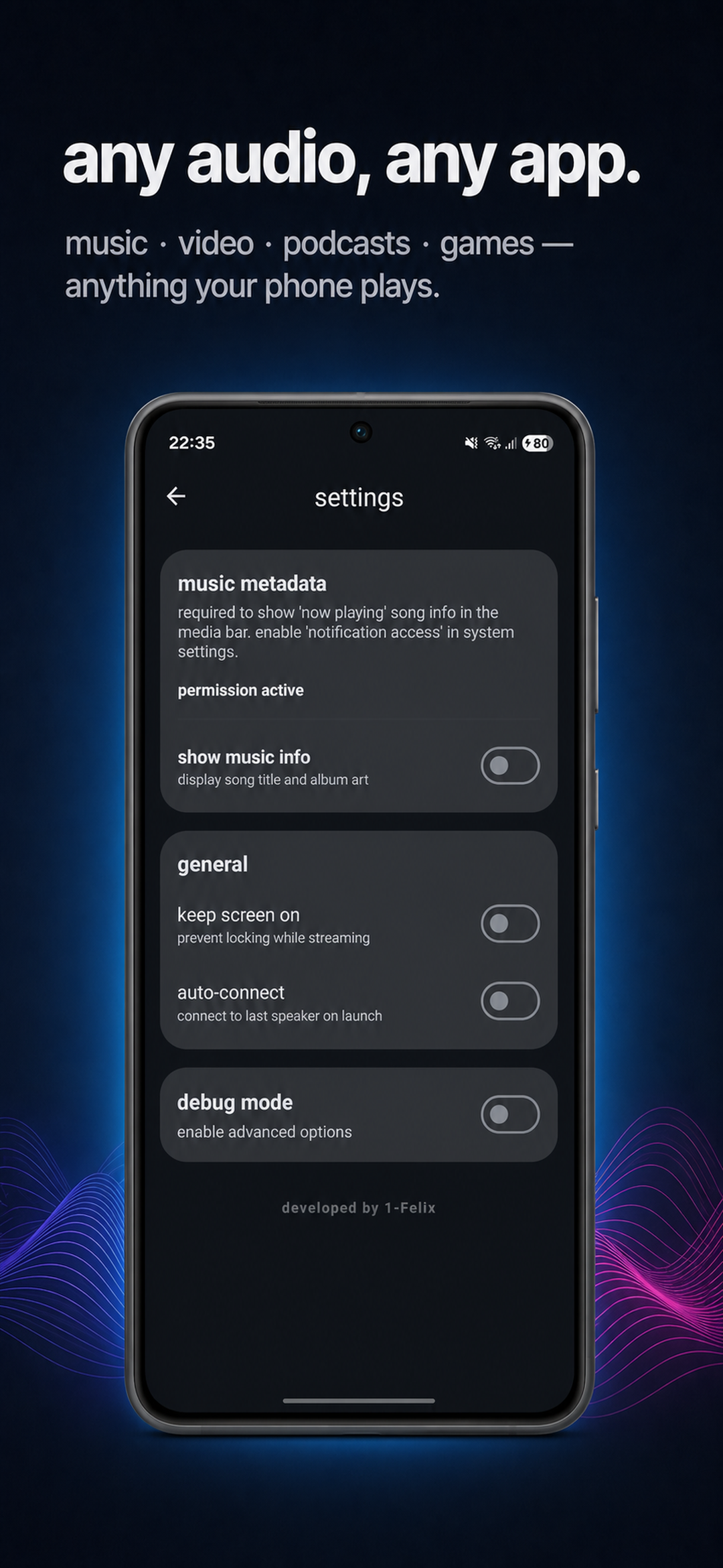 AirPipe Settings screen with metadata, general, and debug options.
